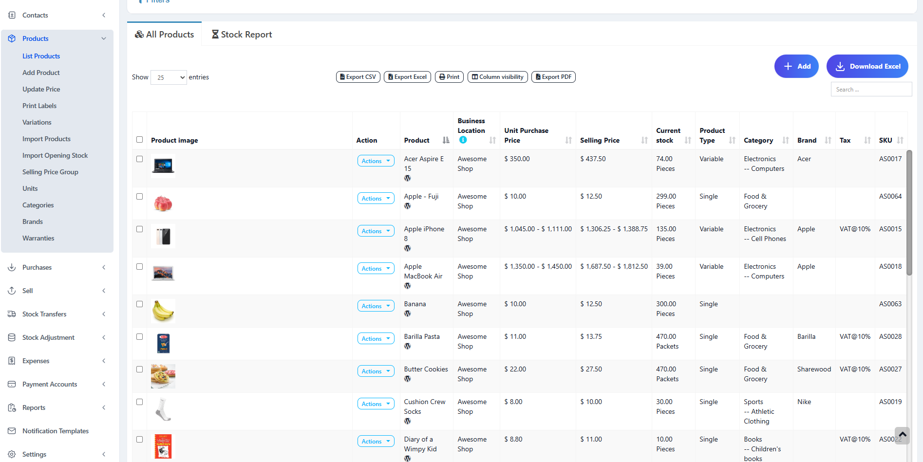 Product Management Screen